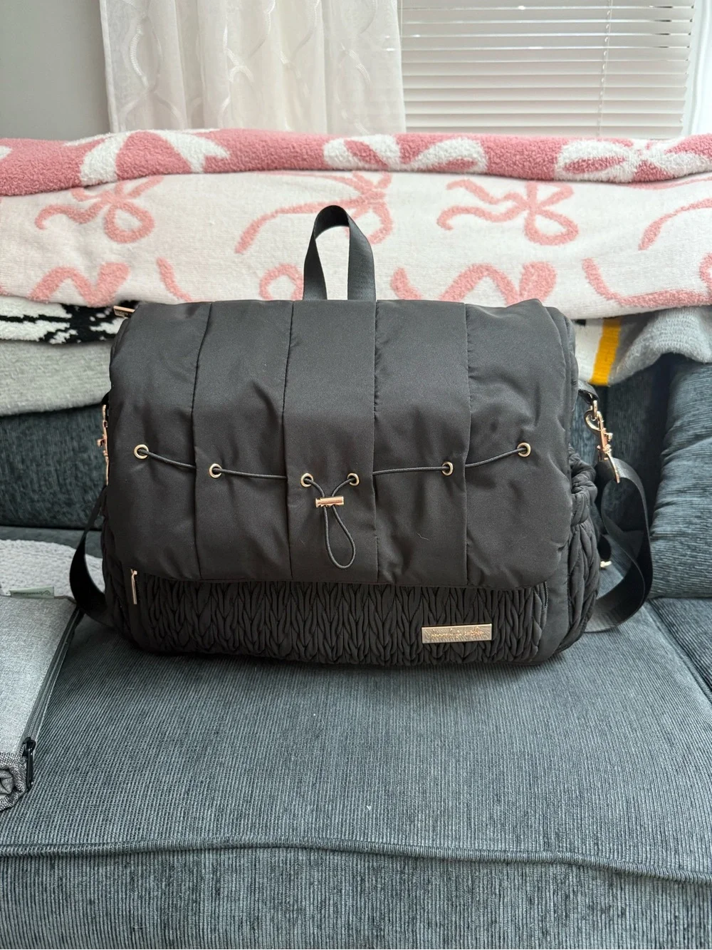 Hannah & Sophia Black Quilted Diaper Bag Backpack Black and Gold